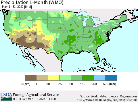 United States Precipitation 1-Month (WMO) Thematic Map For 5/1/2020 - 5/31/2020