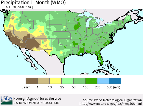 United States Precipitation 1-Month (WMO) Thematic Map For 6/1/2020 - 6/30/2020
