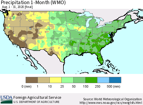 United States Precipitation 1-Month (WMO) Thematic Map For 8/1/2020 - 8/31/2020