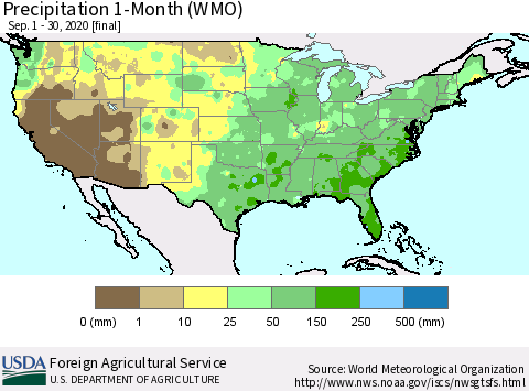 United States Precipitation 1-Month (WMO) Thematic Map For 9/1/2020 - 9/30/2020