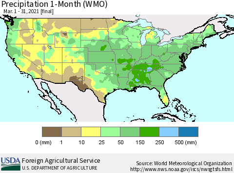United States Precipitation 1-Month (WMO) Thematic Map For 3/1/2021 - 3/31/2021