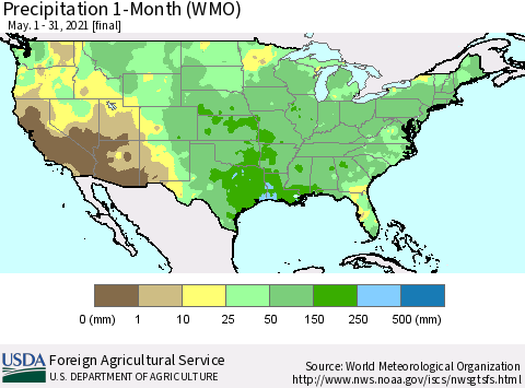 United States Precipitation 1-Month (WMO) Thematic Map For 5/1/2021 - 5/31/2021
