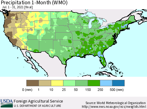 United States Precipitation 1-Month (WMO) Thematic Map For 7/1/2021 - 7/31/2021