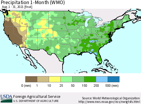 United States Precipitation 1-Month (WMO) Thematic Map For 8/1/2021 - 8/31/2021
