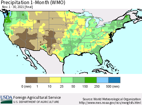 United States Precipitation 1-Month (WMO) Thematic Map For 11/1/2021 - 11/30/2021