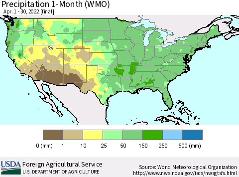 United States Precipitation 1-Month (WMO) Thematic Map For 4/1/2022 - 4/30/2022