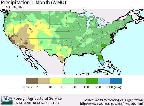 United States Precipitation 1-Month (WMO) Thematic Map For 6/1/2022 - 6/30/2022