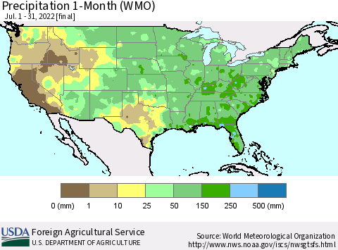United States Precipitation 1-Month (WMO) Thematic Map For 7/1/2022 - 7/31/2022