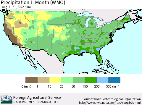 United States Precipitation 1-Month (WMO) Thematic Map For 8/1/2022 - 8/31/2022