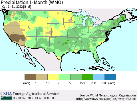 United States Precipitation 1-Month (WMO) Thematic Map For 10/1/2022 - 10/31/2022