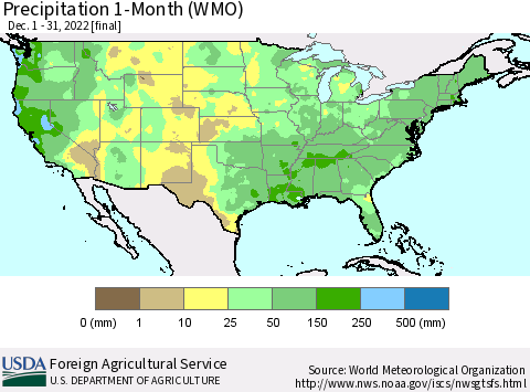 United States Precipitation 1-Month (WMO) Thematic Map For 12/1/2022 - 12/31/2022