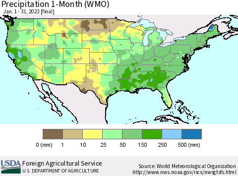 United States Precipitation 1-Month (WMO) Thematic Map For 1/1/2023 - 1/31/2023