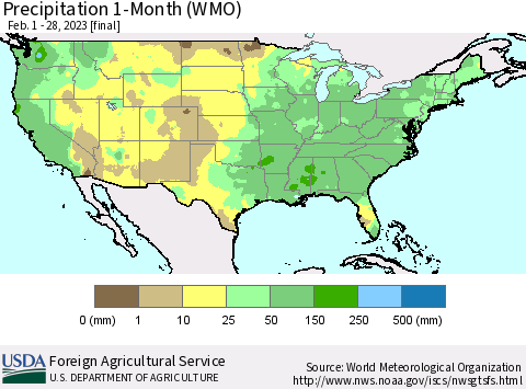 United States Precipitation 1-Month (WMO) Thematic Map For 2/1/2023 - 2/28/2023