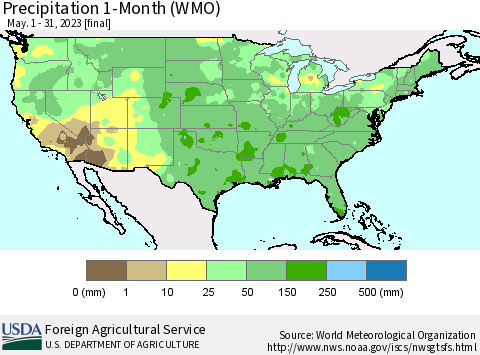 United States Precipitation 1-Month (WMO) Thematic Map For 5/1/2023 - 5/31/2023