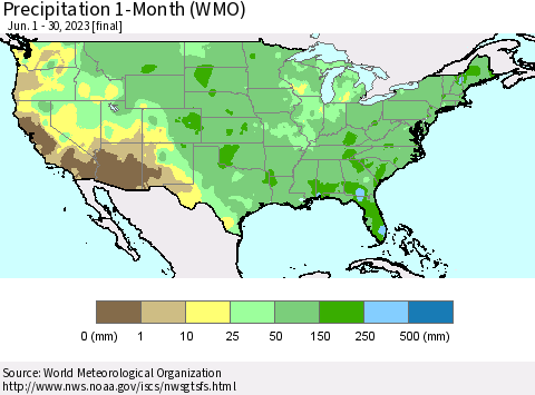 United States Precipitation 1-Month (WMO) Thematic Map For 6/1/2023 - 6/30/2023