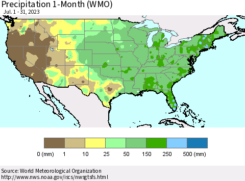 United States Precipitation 1-Month (WMO) Thematic Map For 7/1/2023 - 7/31/2023