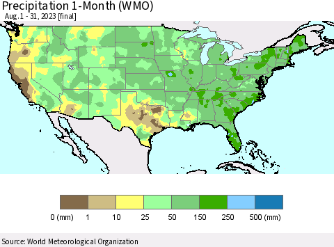 United States Precipitation 1-Month (WMO) Thematic Map For 8/1/2023 - 8/31/2023