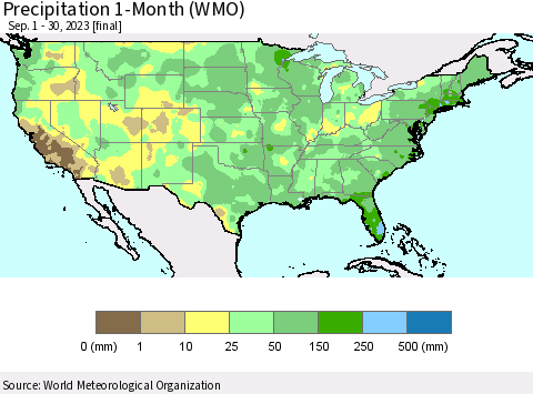 United States Precipitation 1-Month (WMO) Thematic Map For 9/1/2023 - 9/30/2023
