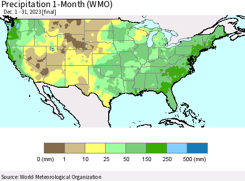 United States Precipitation 1-Month (WMO) Thematic Map For 12/1/2023 - 12/31/2023
