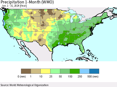 United States Precipitation 1-Month (WMO) Thematic Map For 1/1/2024 - 1/31/2024
