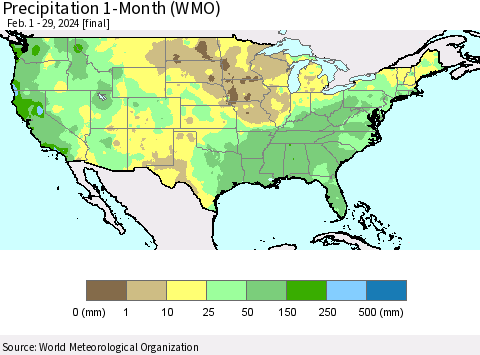 United States Precipitation 1-Month (WMO) Thematic Map For 2/1/2024 - 2/29/2024