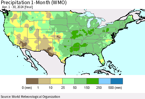 United States Precipitation 1-Month (WMO) Thematic Map For 4/1/2024 - 4/30/2024