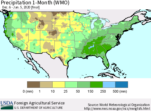 United States Precipitation 1-Month (WMO) Thematic Map For 12/6/2019 - 1/5/2020