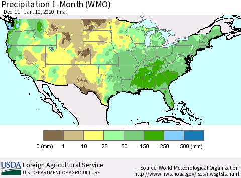 United States Precipitation 1-Month (WMO) Thematic Map For 12/11/2019 - 1/10/2020