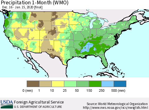United States Precipitation 1-Month (WMO) Thematic Map For 12/16/2019 - 1/15/2020