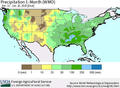 United States Precipitation 1-Month (WMO) Thematic Map For 12/21/2019 - 1/20/2020