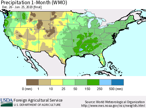 United States Precipitation 1-Month (WMO) Thematic Map For 12/26/2019 - 1/25/2020