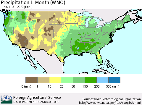 United States Precipitation 1-Month (WMO) Thematic Map For 1/1/2020 - 1/31/2020