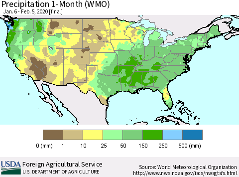 United States Precipitation 1-Month (WMO) Thematic Map For 1/6/2020 - 2/5/2020