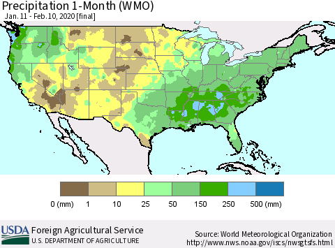 United States Precipitation 1-Month (WMO) Thematic Map For 1/11/2020 - 2/10/2020
