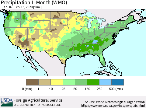 United States Precipitation 1-Month (WMO) Thematic Map For 1/16/2020 - 2/15/2020