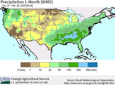 United States Precipitation 1-Month (WMO) Thematic Map For 1/21/2020 - 2/20/2020