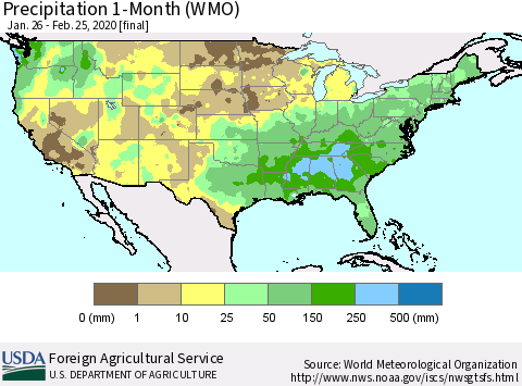 United States Precipitation 1-Month (WMO) Thematic Map For 1/26/2020 - 2/25/2020