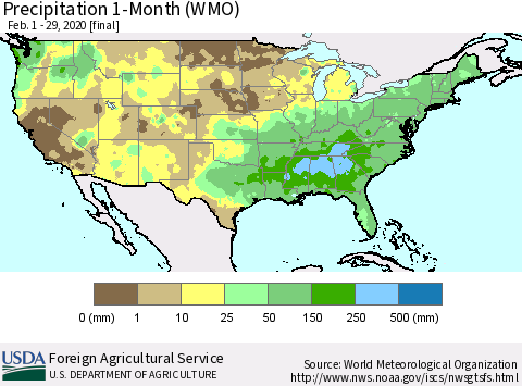 United States Precipitation 1-Month (WMO) Thematic Map For 2/1/2020 - 2/29/2020
