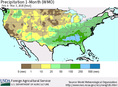 United States Precipitation 1-Month (WMO) Thematic Map For 2/6/2020 - 3/5/2020