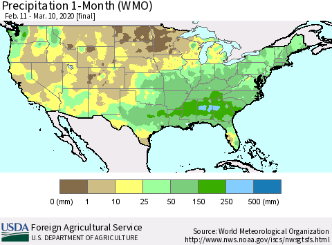 United States Precipitation 1-Month (WMO) Thematic Map For 2/11/2020 - 3/10/2020