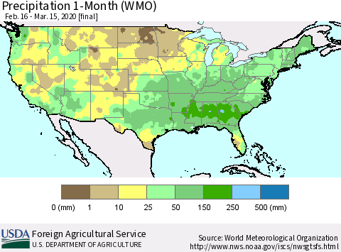 United States Precipitation 1-Month (WMO) Thematic Map For 2/16/2020 - 3/15/2020