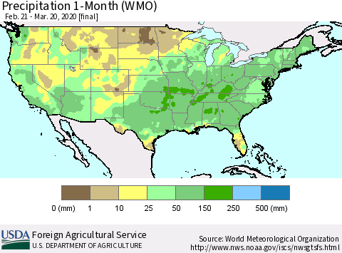 United States Precipitation 1-Month (WMO) Thematic Map For 2/21/2020 - 3/20/2020