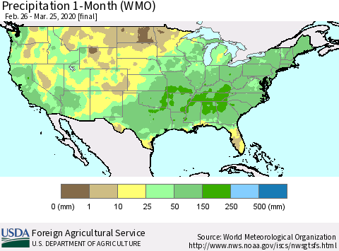 United States Precipitation 1-Month (WMO) Thematic Map For 2/26/2020 - 3/25/2020