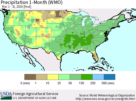 United States Precipitation 1-Month (WMO) Thematic Map For 3/1/2020 - 3/31/2020