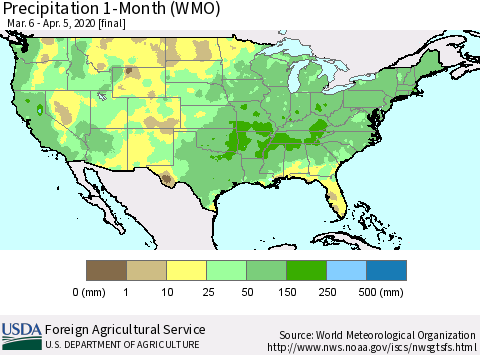 United States Precipitation 1-Month (WMO) Thematic Map For 3/6/2020 - 4/5/2020