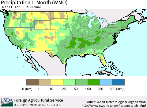 United States Precipitation 1-Month (WMO) Thematic Map For 3/11/2020 - 4/10/2020