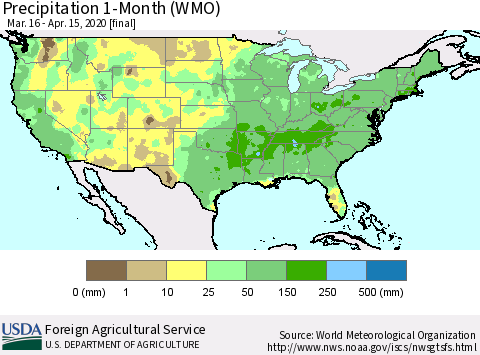 United States Precipitation 1-Month (WMO) Thematic Map For 3/16/2020 - 4/15/2020