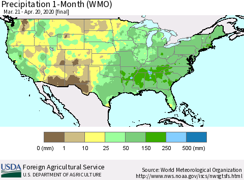 United States Precipitation 1-Month (WMO) Thematic Map For 3/21/2020 - 4/20/2020