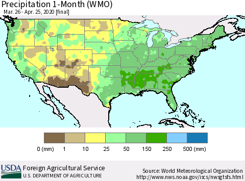 United States Precipitation 1-Month (WMO) Thematic Map For 3/26/2020 - 4/25/2020