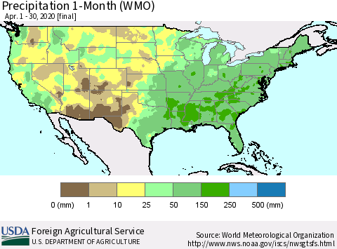 United States Precipitation 1-Month (WMO) Thematic Map For 4/1/2020 - 4/30/2020